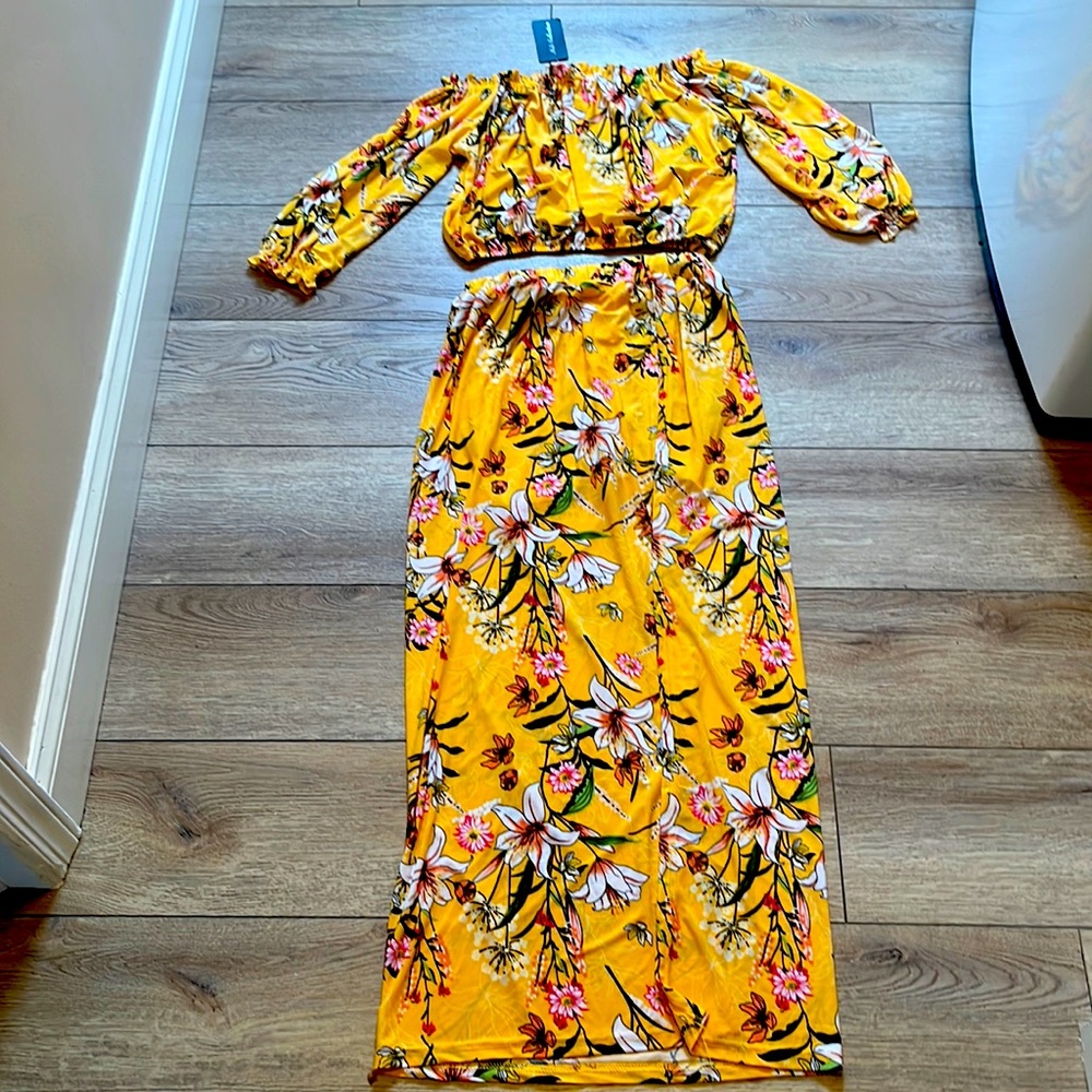 Two piece maxi skirt with attached under short and off the shoulder top stretch